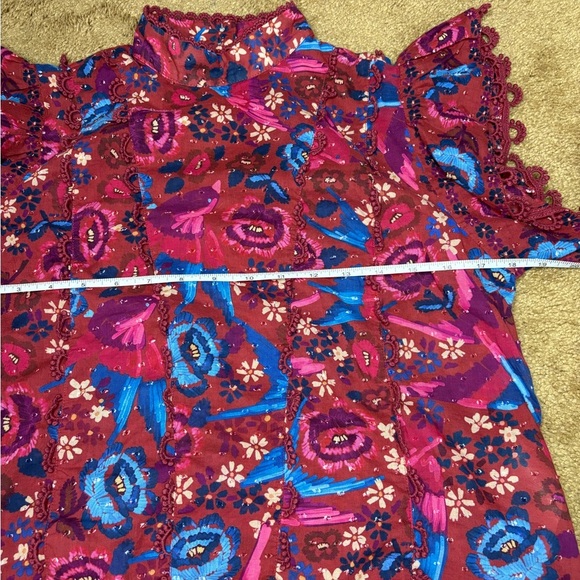 Farm RIO Floral Birds Blush Sleeves Red and Blue Blouse Size XS 100% Cotton - Picture 12 of 14